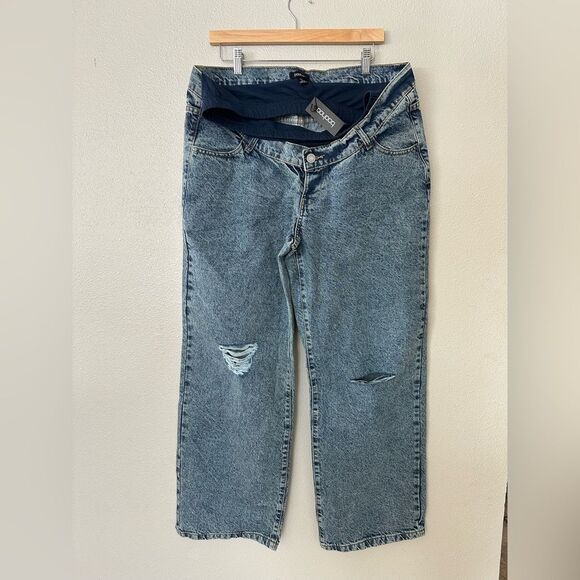 Boohoo Over The Bump Maternity Boyfriend Ripped Knee Distressed Loose Fit Jeans - Picture 2 of 7